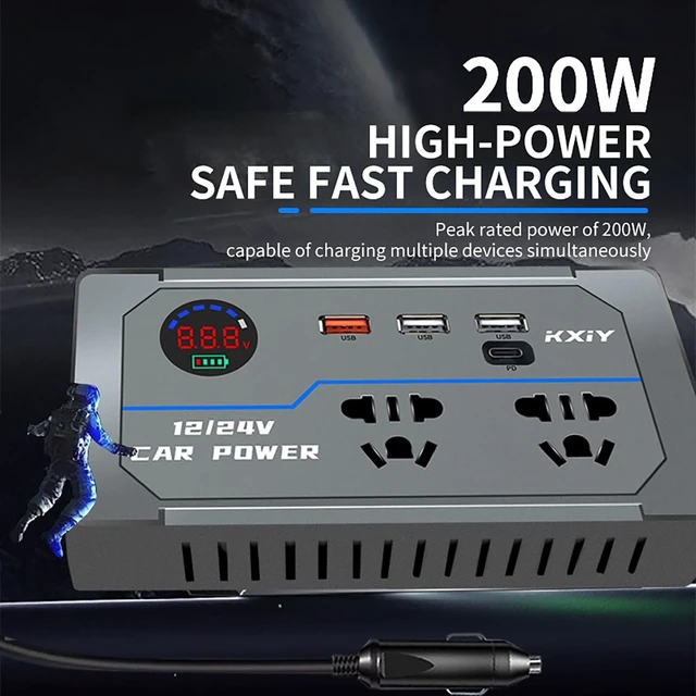 Alt view image 2 of 5 - 200W Car Power Inverter, DC 12V to 110V AC Car Plug Adapter Outlet with 4 USB Fast Charging Port(3xUSB A, 1xUSB C), LED Display, Dual AC Outlet, Power Inverter for Vehicles, Laptops, Phones, Gray