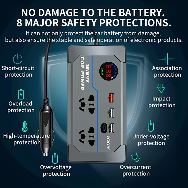 Alt view image 3 of 5 - 200W Car Power Inverter, DC 12V to 110V AC Car Plug Adapter Outlet with 4 USB Fast Charging Port(3xUSB A, 1xUSB C), LED Display, Dual AC Outlet, Power Inverter for Vehicles, Laptops, Phones, Gray