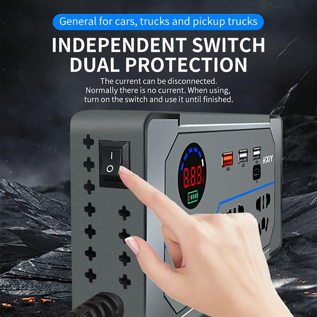 Alt view image 4 of 5 - 200W Car Power Inverter, DC 12V to 110V AC Car Plug Adapter Outlet with 4 USB Fast Charging Port(3xUSB A, 1xUSB C), LED Display, Dual AC Outlet, Power Inverter for Vehicles, Laptops, Phones, Gray