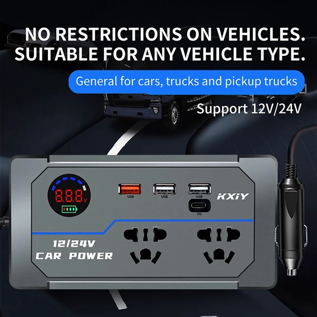Alt view image 5 of 5 - 200W Car Power Inverter, DC 12V to 110V AC Car Plug Adapter Outlet with 4 USB Fast Charging Port(3xUSB A, 1xUSB C), LED Display, Dual AC Outlet, Power Inverter for Vehicles, Laptops, Phones, Gray