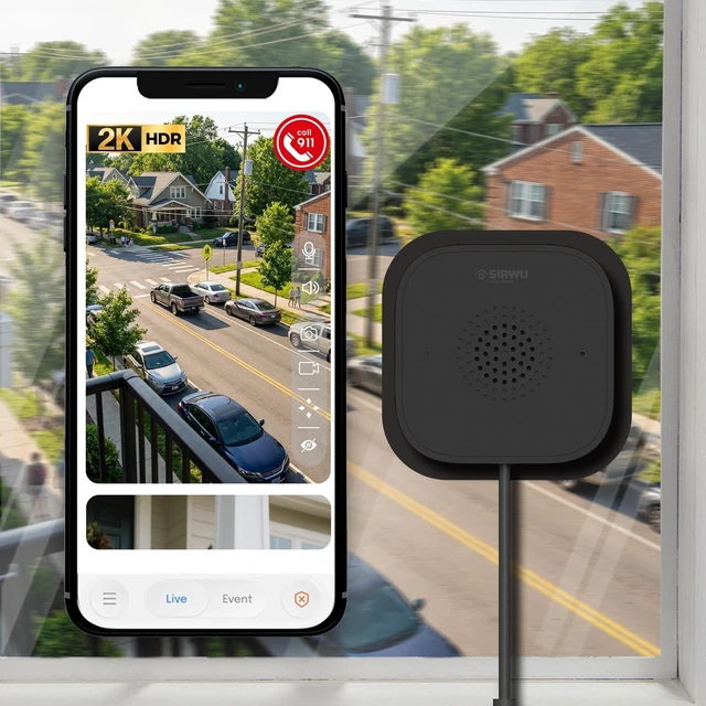 Main image of Sirwu No-Drill Window Camera, 3MP 2K Camera for Home Security, View Outside Through Glass, Color Night Vision, Motion Alerts, 24/7 Recording, Dual-Band WiFi (Black, Square)