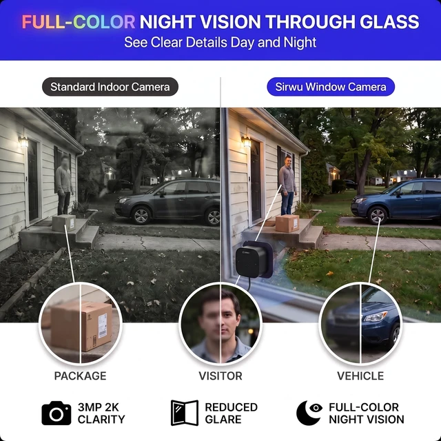 Alt view image 3 of 5 - Sirwu No-Drill Window Camera, 3MP 2K Camera for Home Security, View Outside Through Glass, Color Night Vision, Motion Alerts, 24/7 Recording, Dual-Band WiFi (Black, Square)