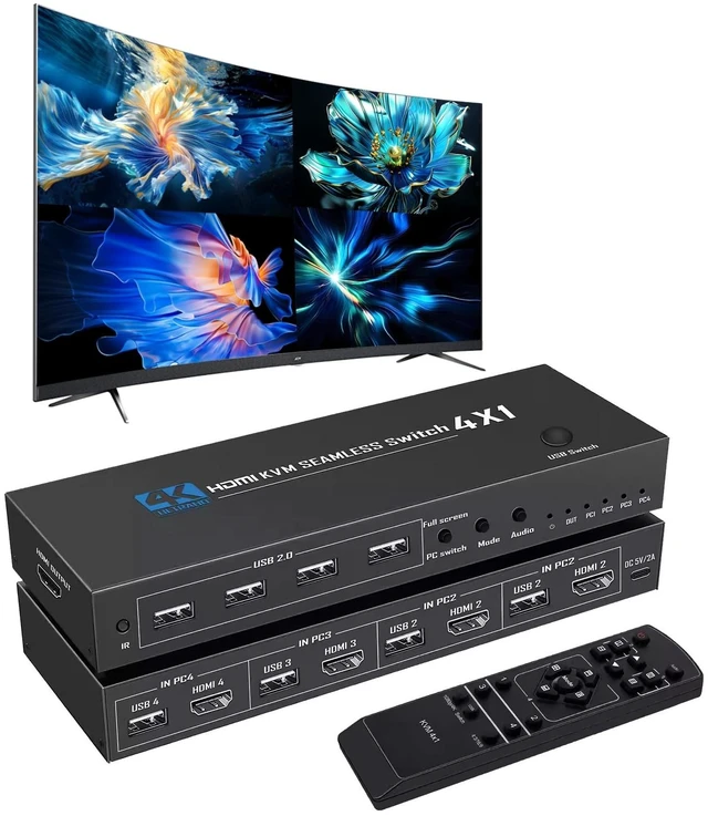 Main image of 4K@30Hz HDMI USB KVM Multiviewer Switch 4 in 1 Out, Supports 4-Channel Split Screen and synchronous Switching, EDID & HDCP Compliant, Mouse Roaming Function, Keyboard and Mouse Sharing