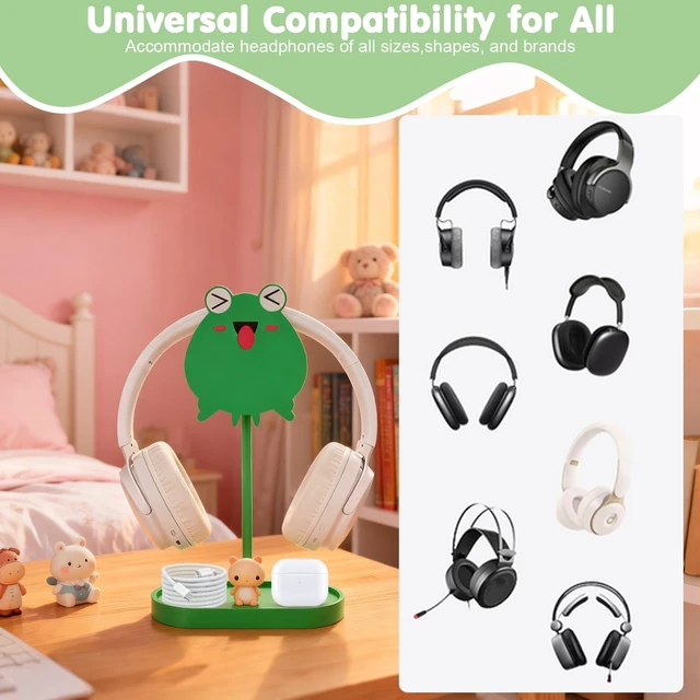 Alt view image 3 of 5 - Frog Cute Headphone Stand with Storage Tray, HSSZXFR Decorative Wooden Headphone Stand Hanger with Cable Holder, Desk Decor Gaming Gifts for Player Girlfriend Office Worker, Headset Holder Accessories