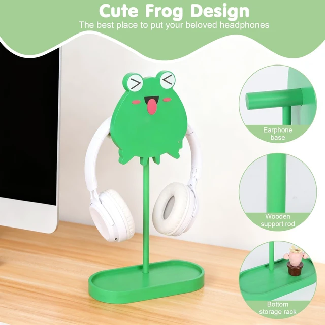 Alt view image 5 of 5 - Frog Cute Headphone Stand with Storage Tray, HSSZXFR Decorative Wooden Headphone Stand Hanger with Cable Holder, Desk Decor Gaming Gifts for Player Girlfriend Office Worker, Headset Holder Accessories