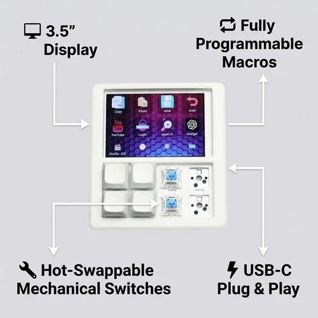 Alt view image 3 of 5 - EezBotFun 8-Key Macropad 3.5" TFT LCD Screen Programmable Mechanical Keypad