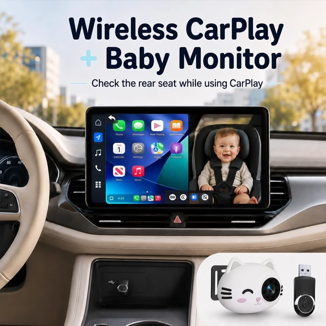 Alt view image 2 of 5 - Baby Car Camera with Wireless CarPlay Adapter, 1080P Car Baby Monitor for Factory Screen, Picture-in-Picture Navigation, Cute Cat Silicone Design (for iPhone Only)