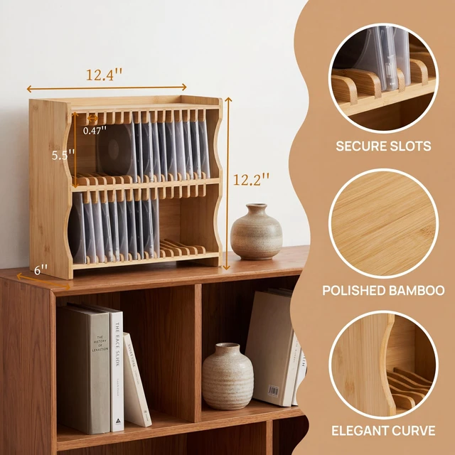 Alt view image 2 of 5 - Lyellfe Bamboo CD Holder Rack, Holds up to 32 CD Cases
