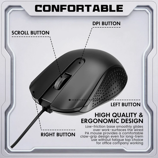 Alt view image 3 of 5 - Tallew 20 Pack USB Wired Mouse with 20 Mouse Pads, 3-Button Corded Computer Mice Bulk for PC Desktop, Laptop, Office, School Classroom Use, Black