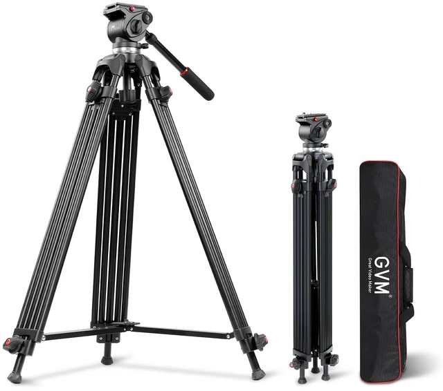 Main image of GVM 73" Video Tripod with Fluid Head, Heavy Duty Aluminum Alloy Camera Tripod Stand with Base Fixed Bracket for Camcorders/DSLR, Max Load 22lb, with Carry Bag