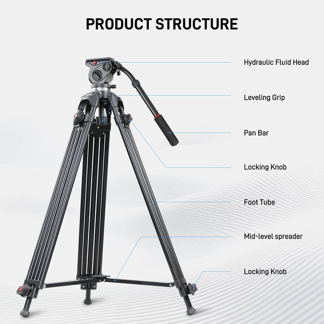 Alt view image 2 of 5 - GVM 73" Video Tripod with Fluid Head, Heavy Duty Aluminum Alloy Camera Tripod Stand with Base Fixed Bracket for Camcorders/DSLR, Max Load 22lb, with Carry Bag