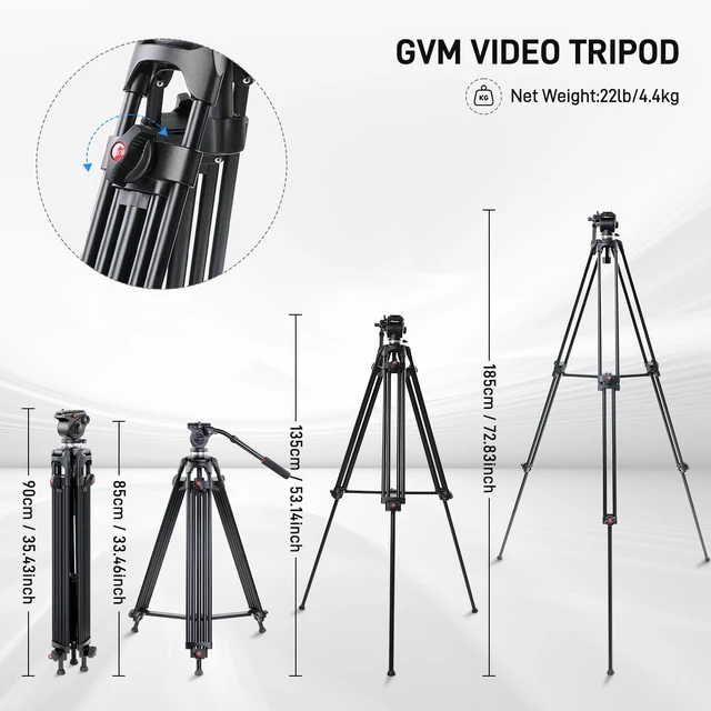 Alt view image 4 of 5 - GVM 73" Video Tripod with Fluid Head, Heavy Duty Aluminum Alloy Camera Tripod Stand with Base Fixed Bracket for Camcorders/DSLR, Max Load 22lb, with Carry Bag