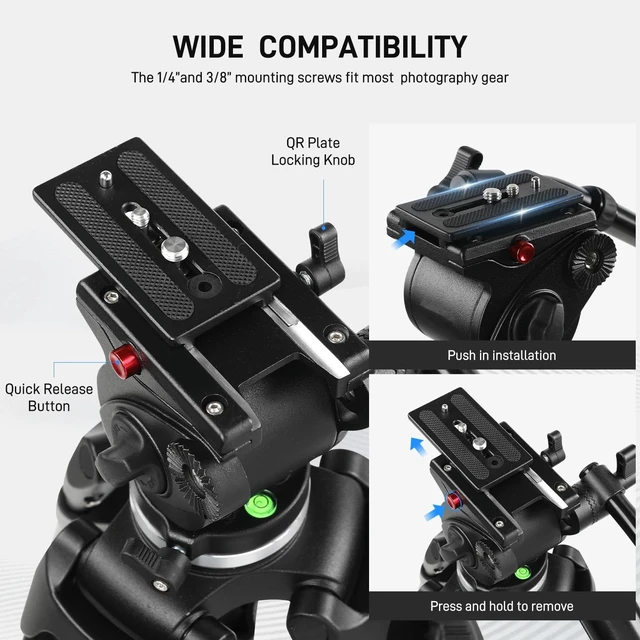 Alt view image 5 of 5 - GVM 73" Video Tripod with Fluid Head, Heavy Duty Aluminum Alloy Camera Tripod Stand with Base Fixed Bracket for Camcorders/DSLR, Max Load 22lb, with Carry Bag