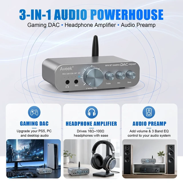 Alt view image 2 of 5 - Aveek Gaming DAC Headphone Amplifier, Bluetooth, RCA, 3-Band EQ for PS5/PC