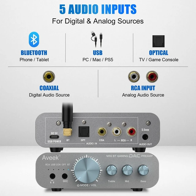 Alt view image 3 of 5 - Aveek Gaming DAC Headphone Amplifier, Bluetooth, RCA, 3-Band EQ for PS5/PC