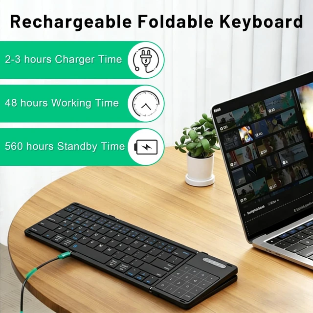 Alt view image 3 of 5 - JFX Foldable Keyboard with Touchpad, Bluetooth Wireless Portable Keyboar with Number Pad, Pocket-Sized for iPad iOS Android Tablet Mac Windows Laptop PC, Full Size Folding Travel Keyboard