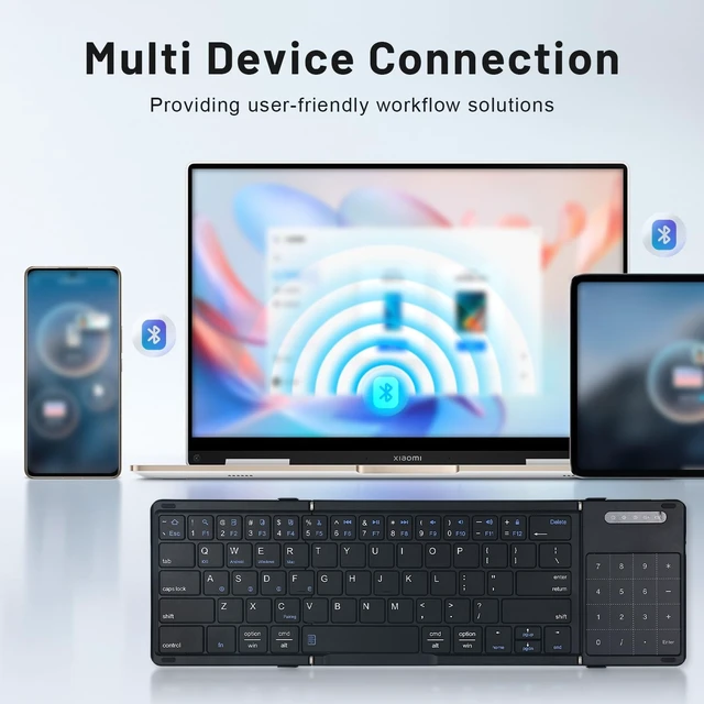 Alt view image 4 of 5 - JFX Foldable Keyboard with Touchpad, Bluetooth Wireless Portable Keyboar with Number Pad, Pocket-Sized for iPad iOS Android Tablet Mac Windows Laptop PC, Full Size Folding Travel Keyboard