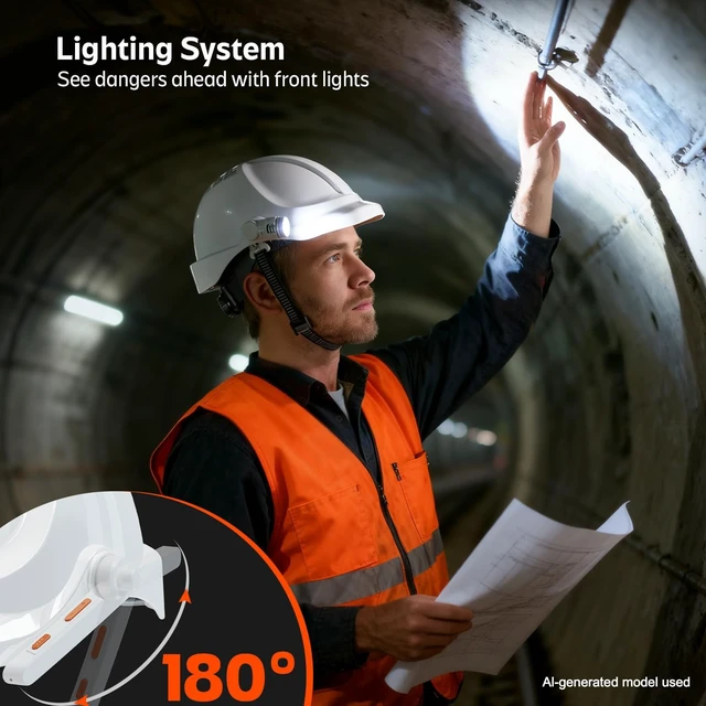 Alt view image 3 of 5 - Helmet Walkie Talkies Waterproof, ENC Noise Cancellation Two Way Radio, Flashlight & Cool Fan Hard Hat for Work at Height, Adventure, Construction, Engine Rooms, Tunnels, Safety Operations
