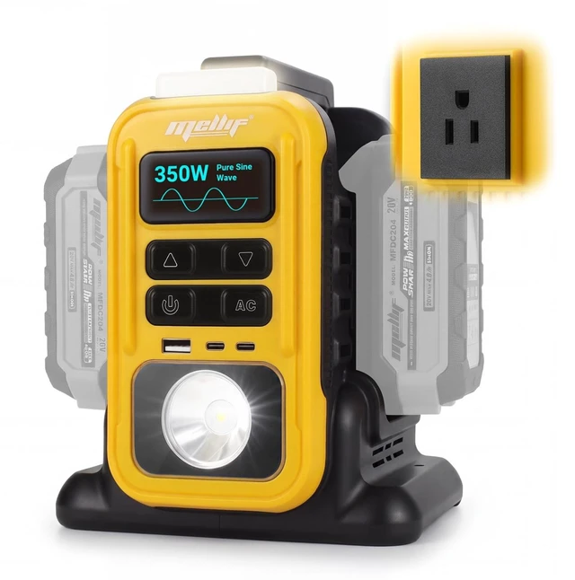 Main image of 350W Power Inverter Pure Sine Wave Compatible with Dewalt 20V MAX Battery - Tool Only, Portable Battery Converter 20V to AC 110V, 2 USB-C & USB-A Ports, LCD Display, LED Light for Camping & Emergency
