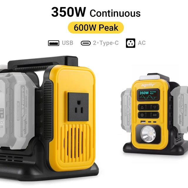 Alt view image 3 of 5 - 350W Power Inverter Pure Sine Wave Compatible with Dewalt 20V MAX Battery - Tool Only, Portable Battery Converter 20V to AC 110V, 2 USB-C & USB-A Ports, LCD Display, LED Light for Camping & Emergency
