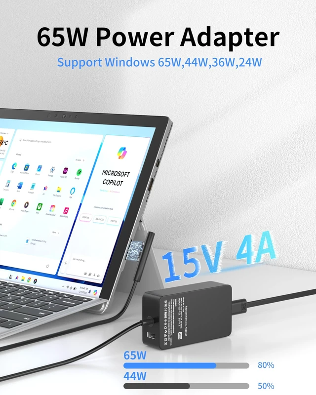 Alt view image 2 of 5 - 65W Surface Pro Charger - Power Adapte Compatible with Microsoft Surface Pro 11/10/9/8/7+/7/6/5/4/3/X, Surface Laptop 7/6/5/4/3/2/1,Book 3/2/1, Go Tablet, Support 44W 36W, Long Power Cord
