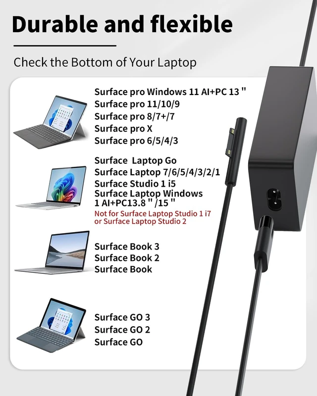 Alt view image 3 of 5 - 65W Surface Pro Charger - Power Adapte Compatible with Microsoft Surface Pro 11/10/9/8/7+/7/6/5/4/3/X, Surface Laptop 7/6/5/4/3/2/1,Book 3/2/1, Go Tablet, Support 44W 36W, Long Power Cord