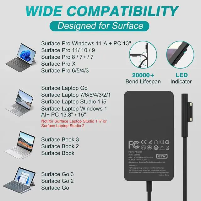 Alt view image 2 of 6 - 65W Charger Compatible with Microsoft Surface Pro 11, 10, 9, 8, 7+, 7, 6, 5, 4, 3, X, Windows Surface Laptop 7, 6, 5, 4, 3, 2, 1, Surface Go Tablet, Surface Book 3, 2, 1, Support 44W, 36W, LED, 10FT