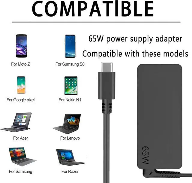 Alt view image 6 of 6 - USB-C 65W 45W AC Replacement Charger Compatible with  ThinkPad T480 T490 T580 ADLX65YDC2A ADLX65YLC2D ADLX65YDC3A ADLX65YDC2D chromebook 2nd Gen S330 65W Laptop Power Supply Adapter Cord
