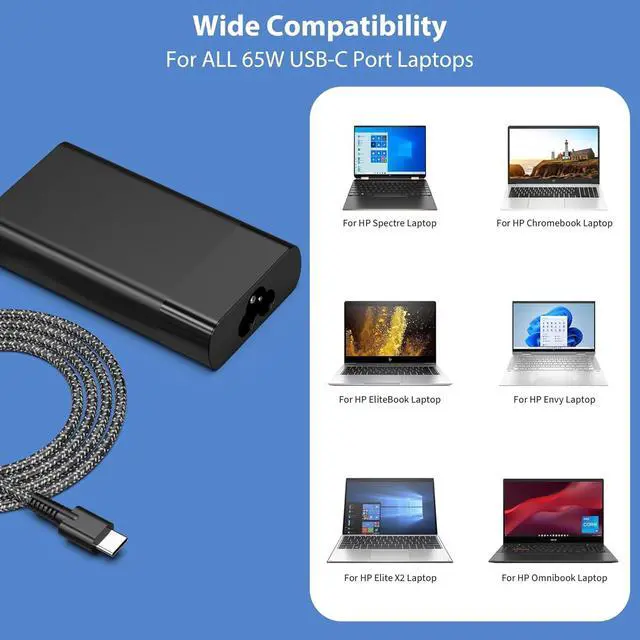 Alt view image 4 of 6 - 2025 New 20V 3.25A 65W USB C Tip Laptop Charger Compatible with HP Spectre X360 Elitebook Omnibook Envy x360 Chromebook Elite x2 Zbook ProBook Fast Charing AC Adapter Type C Power Cord Supply