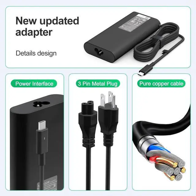 Alt view image 5 of 7 - 130W Laptop Charger USB C Type C Compatible with  XPS 15 9575 9520 9510 9500 17 9720 9710 9700 Precision 5530 5550 5560 5570 5750 Latitude 5411 5421 5511 5520 5521 Power Cord