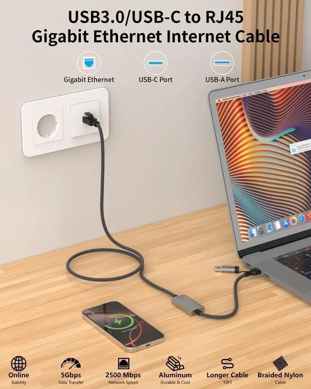 Alt view image 2 of 7 - USB to Ethernet Cable 6.6FT 2 in 1 USB 3.0 Type-C to RJ45 Gigabit LAN Cord 2.5Gbps Shielded Internet LAN Network Cable Compatible for MacBook iPhone 16/15 iPad  XPS Galaxy Smartphone Laptop