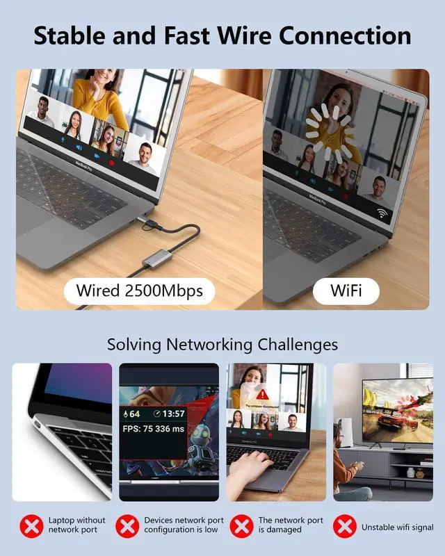 Alt view image 4 of 7 - USB to Ethernet Cable 6.6FT 2 in 1 USB 3.0 Type-C to RJ45 Gigabit LAN Cord 2.5Gbps Shielded Internet LAN Network Cable Compatible for MacBook iPhone 16/15 iPad  XPS Galaxy Smartphone Laptop