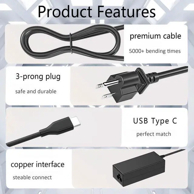 Alt view image 2 of 6 - 65W USB C Laptop Charger Compatible with  Laptop and Universal Chromebook Also Compatible with  Chromebook USB Type C Power Cord