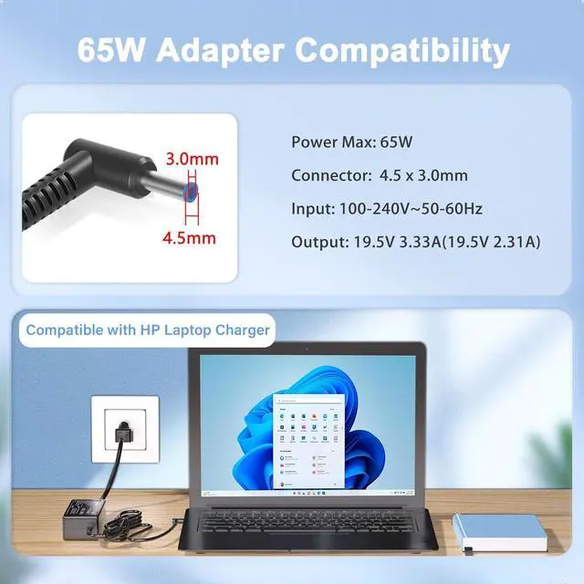 Alt view image 2 of 7 - 65W 19.5V 3.33A AC Adapter Charger Compatible with HP Pavilion x360 11 13 15 17 Envy X360 13 15 Zbook 14u G4 G5 15 G3 15-f111dx 15-f211wm 15-f233wm 15-f278nr 15-r052nr Laptop Power Cord Blue Tip