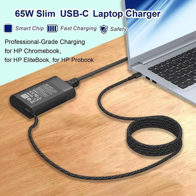 Alt view image 2 of 7 - New Slim for HP 65W Laptop Charger USB C Replacement for HP Envy X360 Spectre X360 Elitebook x360 HP Computer Chromebook Zbook Elite x2 ProBook Pavilion Travel Type C Power Cord Ac Adapter