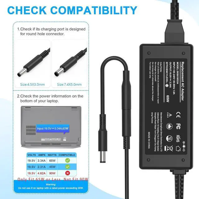 Alt view image 2 of 6 - 65W 45W 2 Tips Charger for  Laptop Charger Replacement for All  inspiron 13 14 15 17 3000 5000 7000 Series laptops Round Connects Chargers7.4mm and 4.5mm Fit for Power of 65W Max