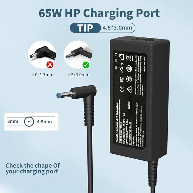 Alt view image 2 of 7 - Laptop Charger for HP 65W 45W Computer Pavilion Envy ProBook EliteBook Power Cord Replacement for HP Smart Blue Tip AC Adapter