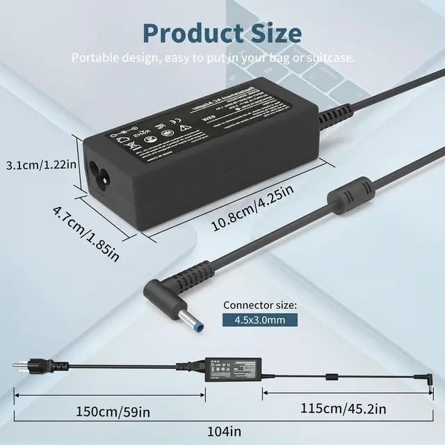 Alt view image 6 of 7 - Laptop Charger for HP 65W 45W Computer Pavilion Envy ProBook EliteBook Power Cord Replacement for HP Smart Blue Tip AC Adapter