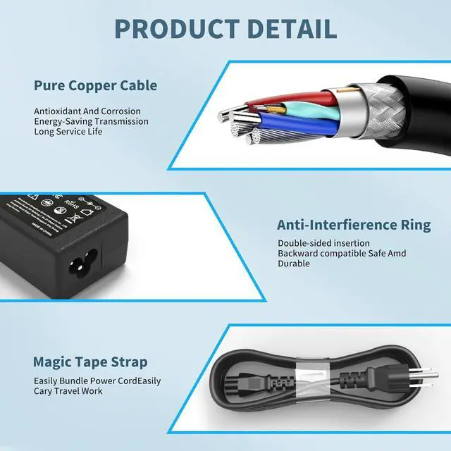 Alt view image 7 of 7 - Laptop Charger for HP 65W 45W Computer Pavilion Envy ProBook EliteBook Power Cord Replacement for HP Smart Blue Tip AC Adapter