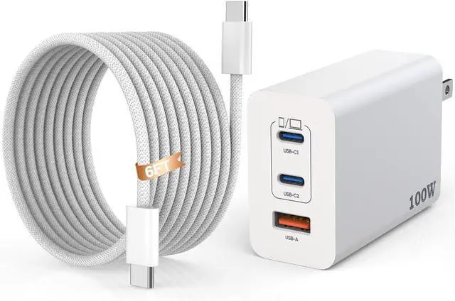Main image of 100W USB C Charger 3Ports USB C Laptop Charger Fast Charger with TypeC to TypeC Cable 6FT Woven Cable for Macbook Macbook Air Macbook pro iPhone 16/Plus/Pro/Pro Max 15/Plus/Pro/Pro Max iPad10 and More