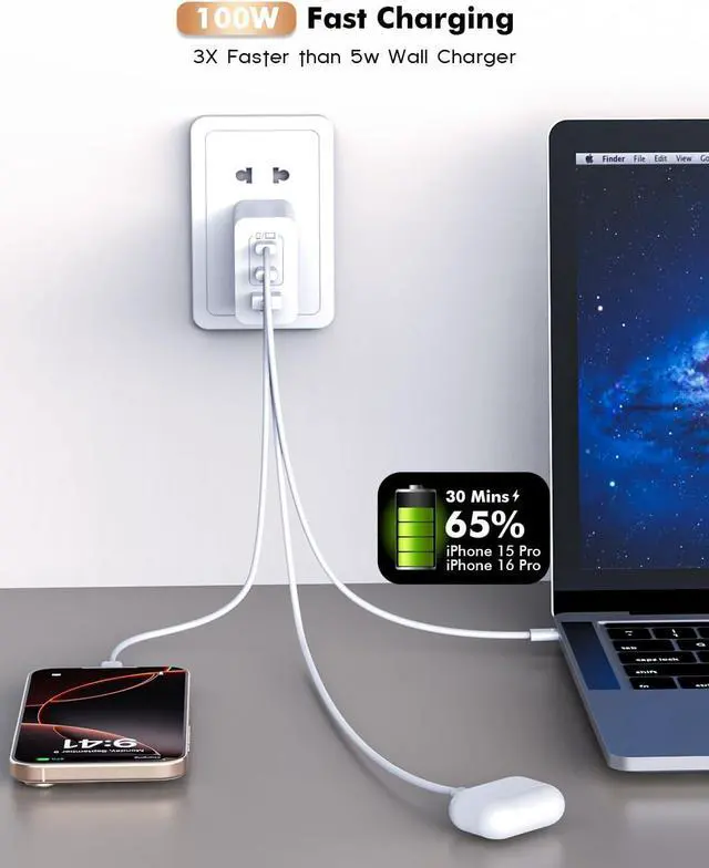 Alt view image 4 of 7 - 100W USB C Charger 3Ports USB C Laptop Charger Fast Charger with TypeC to TypeC Cable 6FT Woven Cable for Macbook Macbook Air Macbook pro iPhone 16/Plus/Pro/Pro Max 15/Plus/Pro/Pro Max iPad10 and More