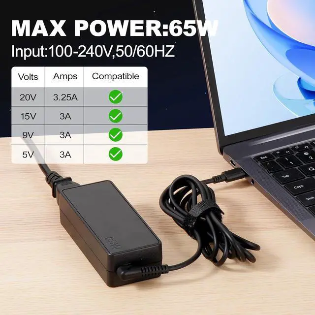 Alt view image 3 of 7 - 65W USB-C Charger for  Laptop Computer Compatible with  Thinkpad/Yoga/Chromebook Fast Power Adapte and Charging Portable Safety and Durable Easy to Carry