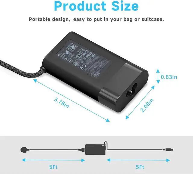 Alt view image 3 of 7 - 65W Laptop Charger Compatible with HP Envy X360 Elitebook x360 Elite x2 Chromebook X360 20V/3.25A AC Adapter Compatible with Chromebook ZBook ProBook Type C Travel Fast Charging Laptop Power Cord