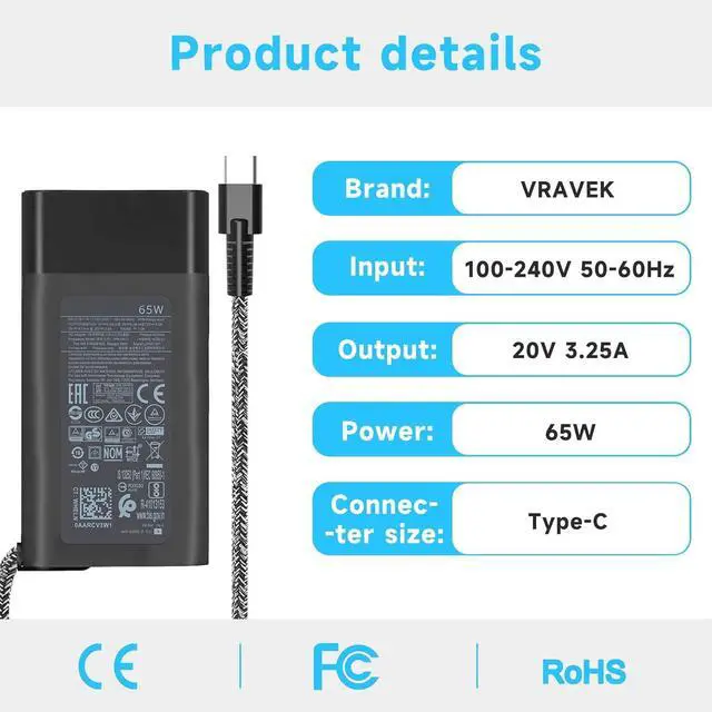 Alt view image 5 of 7 - 65W Laptop Charger Compatible with HP Envy X360 Elitebook x360 Elite x2 Chromebook X360 20V/3.25A AC Adapter Compatible with Chromebook ZBook ProBook Type C Travel Fast Charging Laptop Power Cord