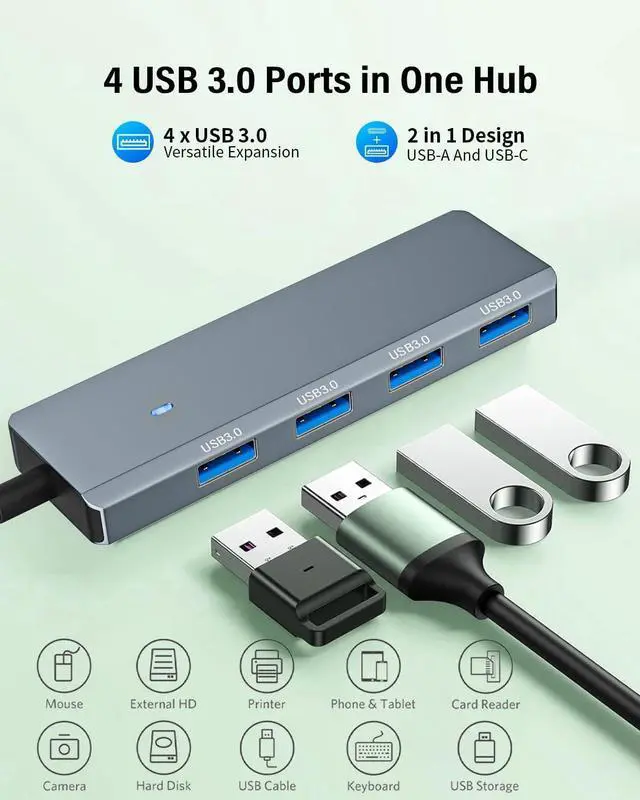 Alt view image 2 of 7 - USB 3.0 Hub 4 Ports 5Gbps Dual USB-A/C Aluminum Splitter Ultra-Slim Multiport Expander Adapter for iPhone 16/15 MacBook iPad Laptop PC Desktop HDD Keyboard Mouse Xbox PS5 Android