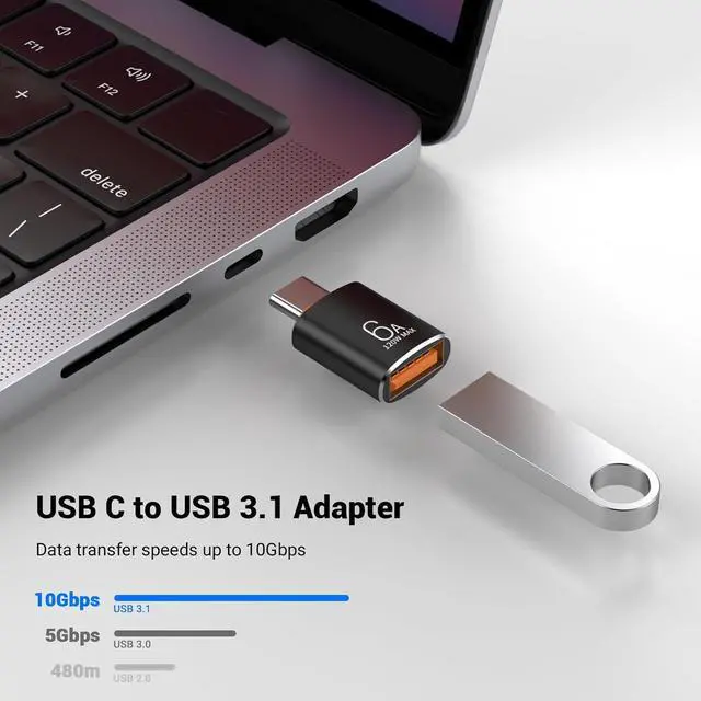 Alt view image 2 of 6 - 10 Pack 10Gbps/120W USB C to USB3.1 Adapter Black Type C Male to USB Female Adapter for Smartphone PC Laptop Tablet Keyboard etc.