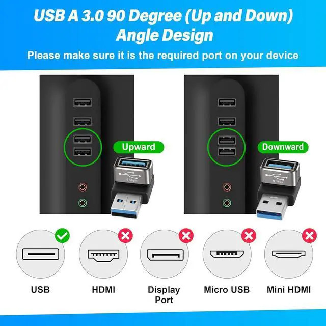 Alt view image 2 of 5 - 90 Degree USB 3.0 Adapter 2 Pack (Up and Down) Right Angle USB Type-A Male to Female USB L Shape On The Go (OTG) Connector Extender Support Charge & Data Sync (5Gbps) for PC Laptop Mouse Keyboard