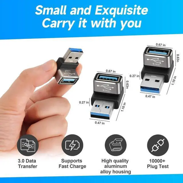 Alt view image 5 of 5 - 90 Degree USB 3.0 Adapter 2 Pack (Up and Down) Right Angle USB Type-A Male to Female USB L Shape On The Go (OTG) Connector Extender Support Charge & Data Sync (5Gbps) for PC Laptop Mouse Keyboard