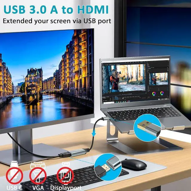 Alt view image 2 of 7 - USB to HDMI Adapter [1080P Full HD Built-in Driver] HDMI Adapter for Laptop to Monitor USB 3.0 to TV Screen Converter for MacOS/Windows 11/10/8.1/8/7 Computers Desktops PC MacBook