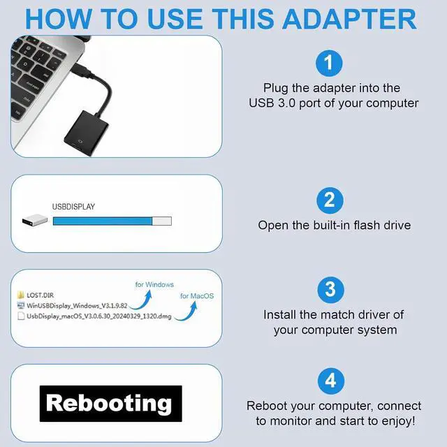 Alt view image 7 of 7 - USB to HDMI Adapter for Monitor USB A 3.0 to HDMI Screen Converter 1080P Full HD Video Display Connector Compatible with Windows 11/10/8/8.1/7 and MacOS System (Black)